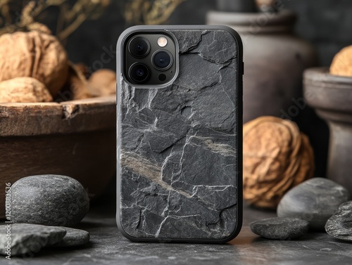 Stylish Black Phone Case with Stone Texture on Natural Background photo