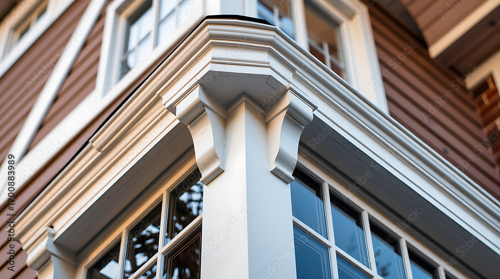 Elegant Home Exterior: White Trim and Classic Architecture. High-end real estate, modern design, and exquisite craftsmanship. Luxurious house with stunning window details.