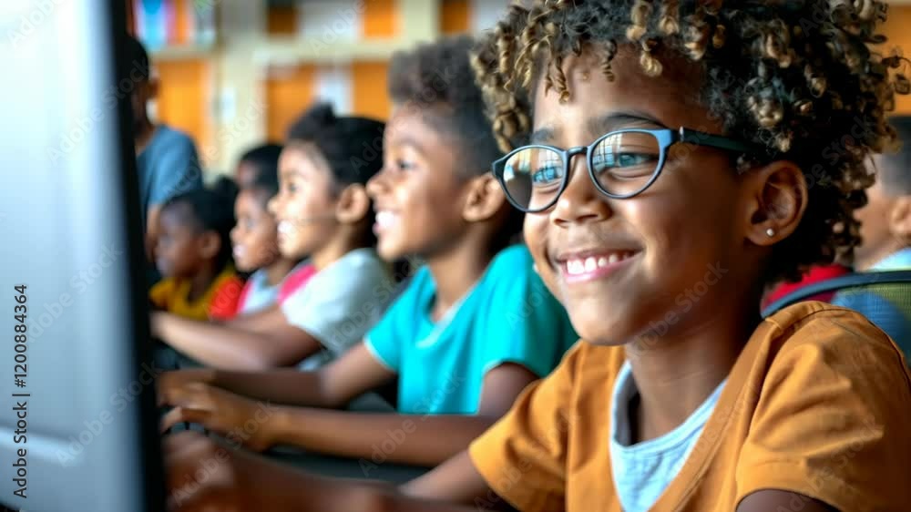 Children engaging in coding activities at a summer camp in a bright and colorful classroom setting