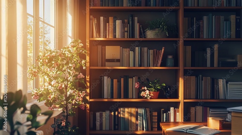 Sunlit Library: A serene library bathed in warm sunlight, with overflowing bookshelves and a vibrant indoor tree, perfect for reading and learning. Sunlit Library: A serene library bathed in warm sunlight, with overflowing bookshelves and a vibrant indoor tree, perfect for reading and learning.