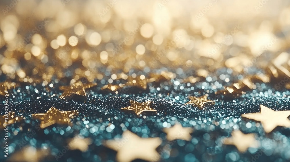 Abstract glittering gold stars on blue surface with bokeh effect Abstract glittering gold stars on blue surface with bokeh effect