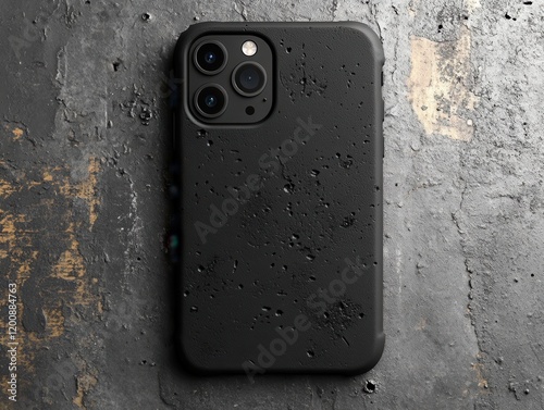 Black Smartphone Case on Textured Dark Stone Background photo