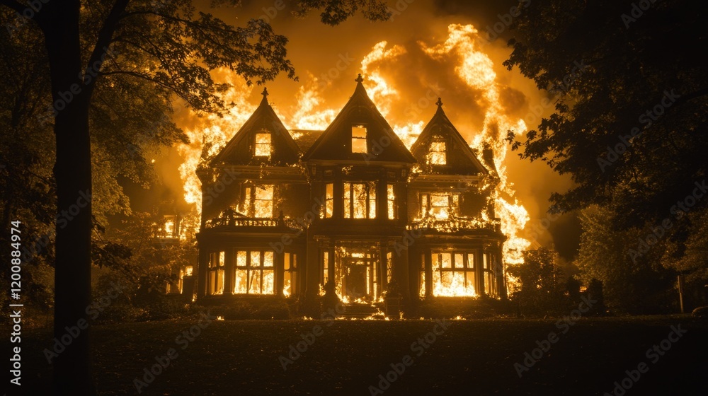 Large mansion ablaze at night with trees in foreground Large mansion ablaze at night with trees in foreground