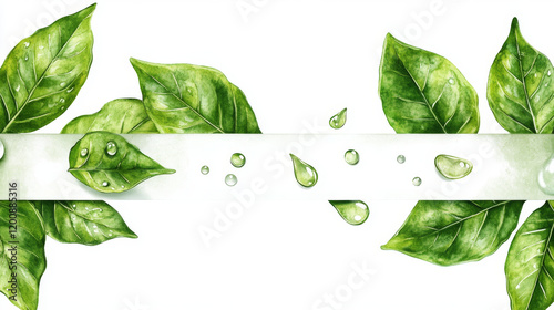 Natural product labels and badges with sappy green leaves, water drops and ribbon banner. For retail industry design