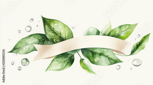Natural product labels and badges with sappy green leaves, water drops and ribbon banner. For retail industry design
