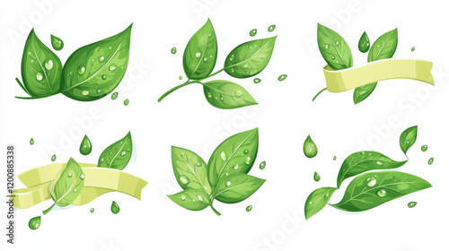 Natural product labels and badges with sappy green leaves, water drops and ribbon banner. For retail industry design