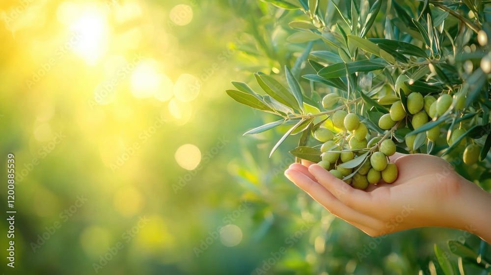 Hand holding fresh green olives on sunny day in olive grove Hand holding fresh green olives on sunny day in olive grove