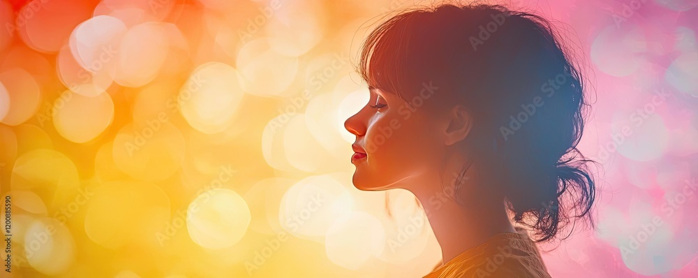 Blurred watercolor idea. A serene silhouette of a woman against a vibrant, colorful background, evoking calmness. Blurred watercolor idea. A serene silhouette of a woman against a vibrant, colorful background, evoking calmness.