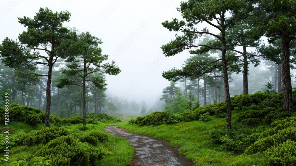 Fototapeta premium Misty forest path surrounded by trees and lush greenery.