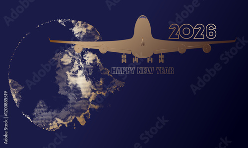 2026 new year elegant vector illustration, Airplane taking off in new year 2026