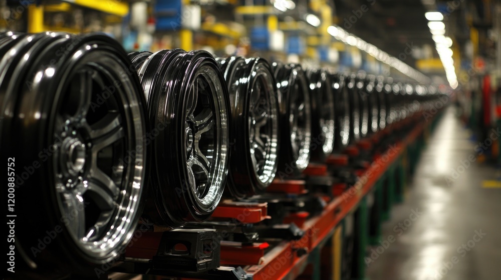 Fototapeta premium Automotive production line with rows of shiny black rims in factory setting