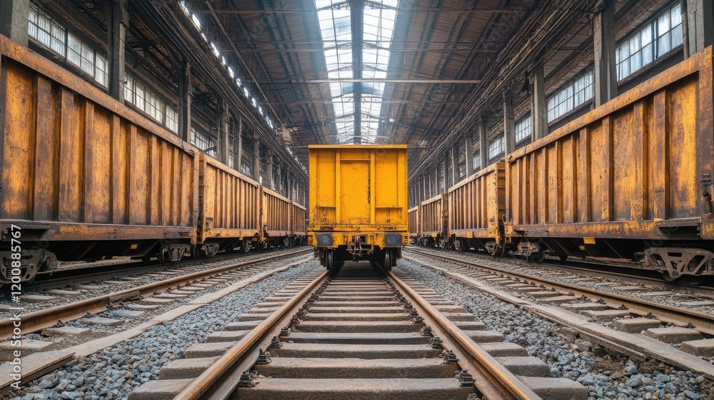 Abandoned rail yard with symmetrical cargo trains in industrial setting Abandoned rail yard with symmetrical cargo trains in industrial setting