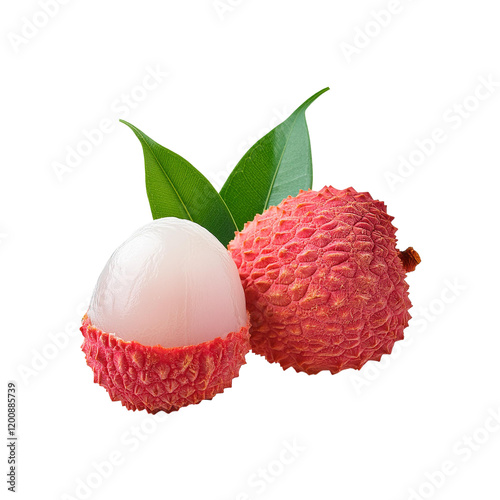 Lychee fruit with leaf on transparent background