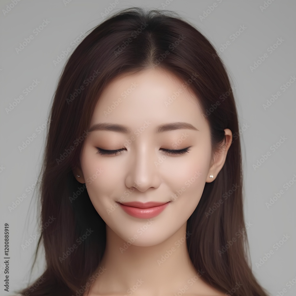 A close-up portrait of a woman in her 40s, her serene face tilted slightly downward, eyes closed. A close-up portrait of a woman in her 40s, her serene face tilted slightly downward, eyes closed.