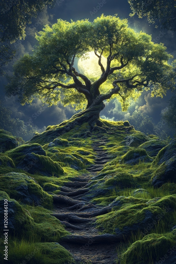 Fototapeta premium Moonlit mossy path leads to ancient tree.