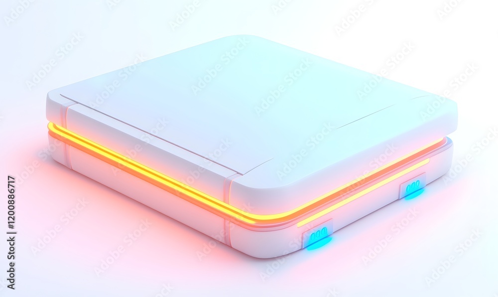 Futuristic white tech gadget with glowing orange and blue accents. Futuristic white tech gadget with glowing orange and blue accents.