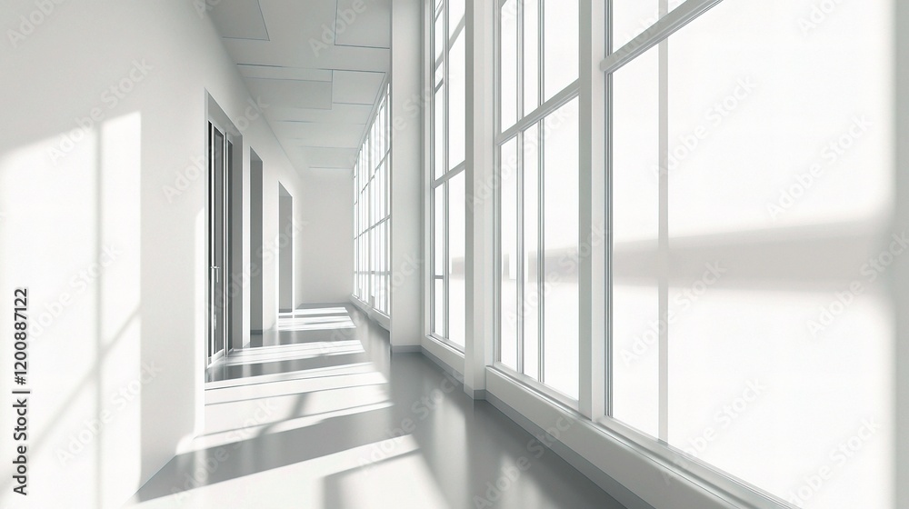 Fototapeta premium Bright Gray Office Corridor with Large Windows and Blank Walls