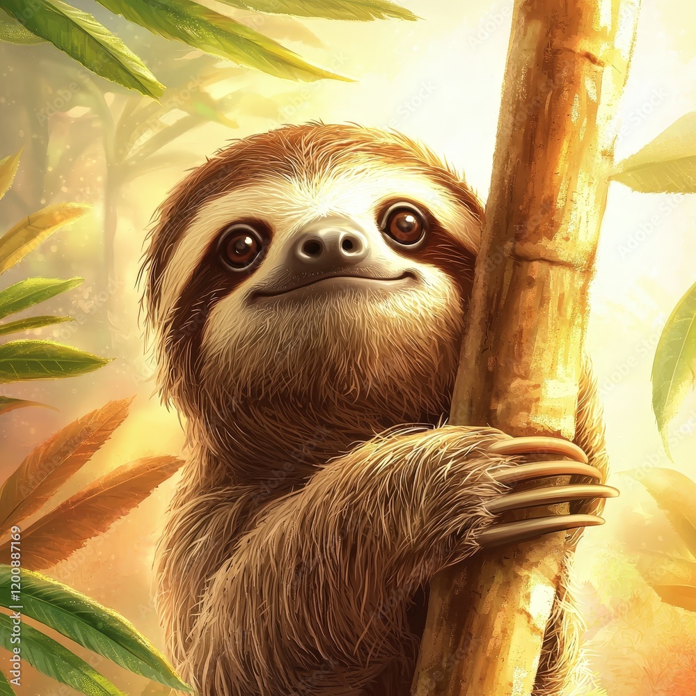 Fototapeta premium Illustration of a sloth holding onto a tree branch, surrounded by vibrant leaves