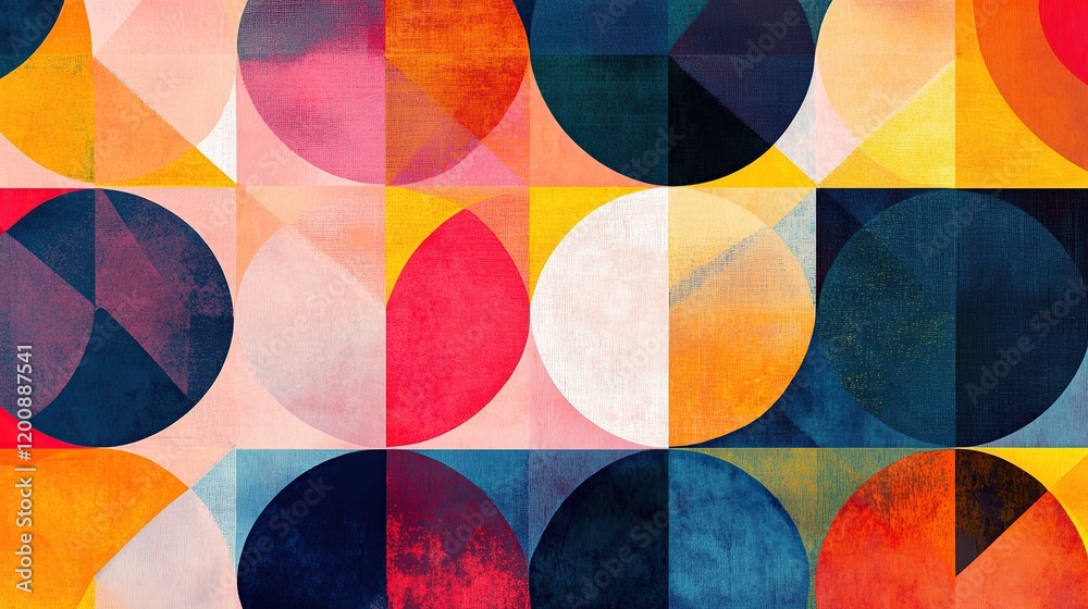 Fototapeta premium Abstract geometric pattern with vibrant colors and textured circles.