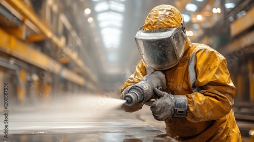 Worker sandblasts metal in protective gear.