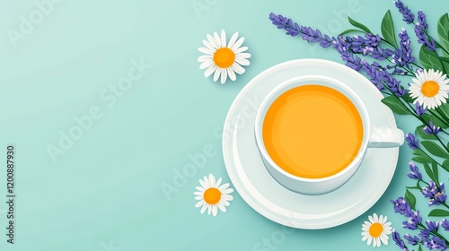 A vibrant cup of herbal tea surrounded by delicate daisies and lavender on a pastel background, creating a refreshing and calming scene. photo