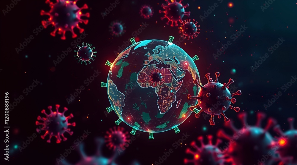 A digital painting depicting Global Health, Pandemics, and Vaccination, rendered in glowing bioluminescent colors against an intense jet black background. A digital painting depicting Global Health, Pandemics, and Vaccination, rendered in glowing bioluminescent colors against an intense jet black background.