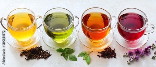 Four cups of colorful herbal tea with vibrant leaves and flowers on a white background, showcasing a variety of flavors and aromas.