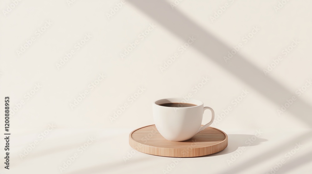 Simple white coffee cup resting on a wooden coaster. Minimalistic design with soft shadow on a light background, perfect for morning coffee vibes. Simple white coffee cup resting on a wooden coaster. Minimalistic design with soft shadow on a light background, perfect for morning coffee vibes.