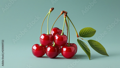 A cluster of red cherries with shiny skin, attached to a thin green stem with delicate leaves, on a soft pastel teal background, placed on the right-hand side (3) photo