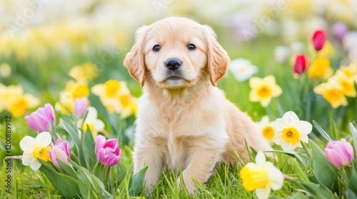 Golden Puppy in Spring Bloom: A precious golden retriever puppy with big brown eyes sits amidst a vibrant field of blooming daffodils and tulips. photo