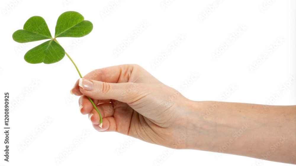 A hand holding a four-leaf clover.Isolated image on a white background for St. Patrick's Day A hand holding a four-leaf clover.Isolated image on a white background for St. Patrick's Day