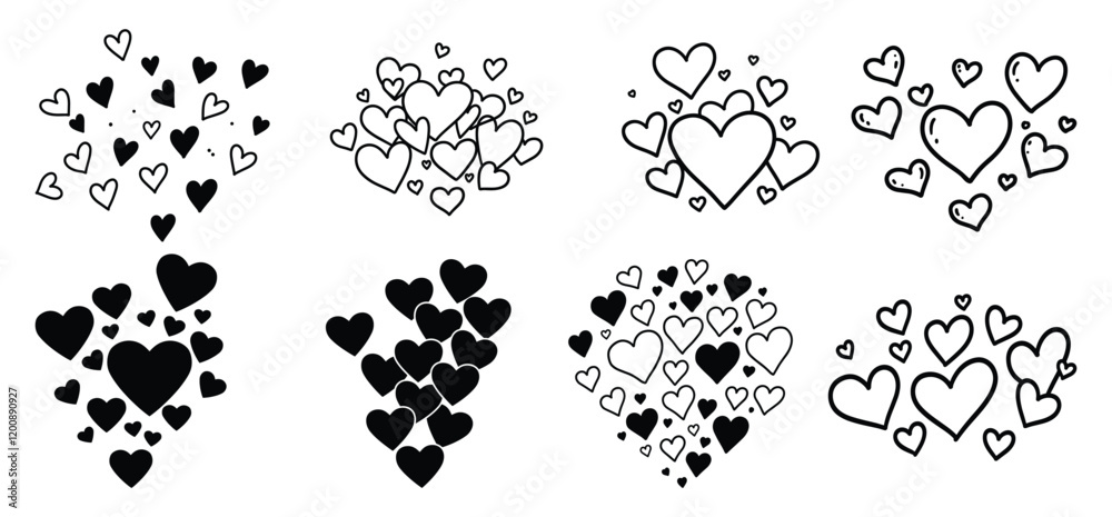 Fototapeta premium Hand drawn romantic love vector different hearts icons big doodle set silhouette 