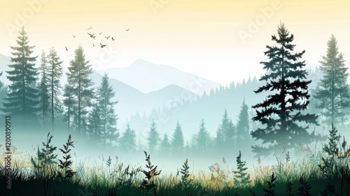 serene forest landscape with tall evergreen trees, misty mountains in background, and soft yellow sky. Birds are flying above, and wild grass and flowers fill foreground