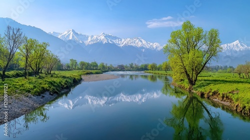 Serene river landscape with mountains and lush greenery.