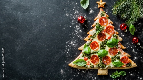 Christmas Pizza Tree: A festive and delicious Christmas tree-shaped pizza, adorned with cherry tomatoes, pesto, and basil, sits on a dark background, surrounded by festive ornaments and greenery. photo