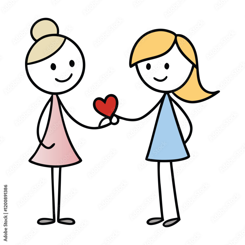 A female stick figure is smiling, holding a heart-shaped symbol out towards her friend, showing kindness and affection in a simple, heartwarming gesture of friendship. A female stick figure is smiling, holding a heart-shaped symbol out towards her friend, showing kindness and affection in a simple, heartwarming gesture of friendship.