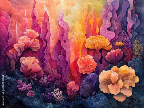 A vibrant coral reef scene bursting with colorful flora. Ideal for nature lovers or adding a touch of the ocean to any space.