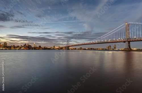 The Ben Franklin Bridge and the skyline of Philadelphia with the Delaware River at twilight
