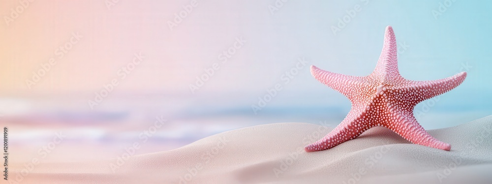 Illustration of a starfish on a sandy beach with gentle waves nearby Illustration of a starfish on a sandy beach with gentle waves nearby