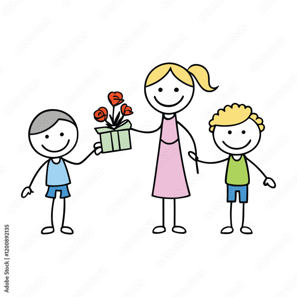 Stick-figure children joyfully giving flowers and gifts to their mom, radiating love and happiness. A heartwarming scene full of simplicity and affection. Stick-figure children joyfully giving flowers and gifts to their mom, radiating love and happiness. A heartwarming scene full of simplicity and affection.