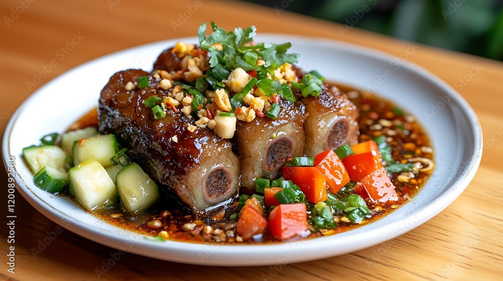 Savory Grilled Pork Ribs with Spicy Peanut Sauce and Fresh Vegetables Savory Grilled Pork Ribs with Spicy Peanut Sauce and Fresh Vegetables