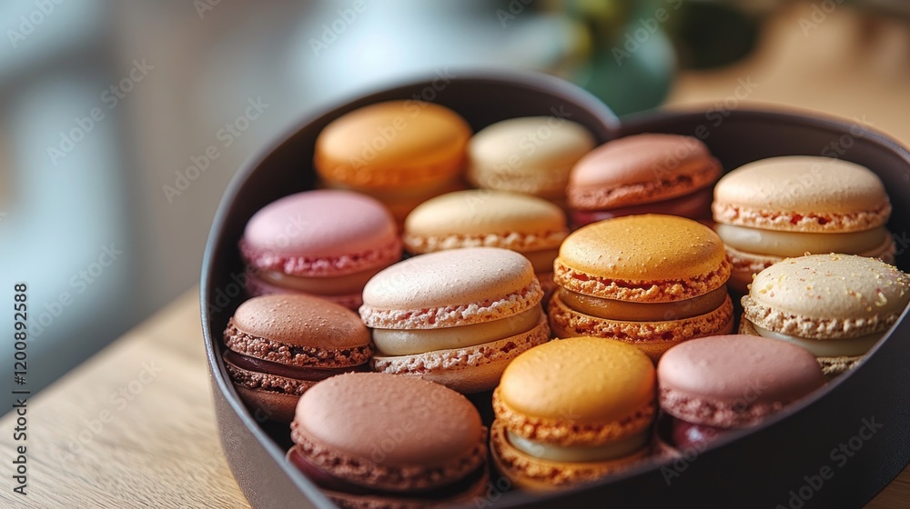 Delicious Assorted Macarons in a Heart-Shaped Box on a Rustic Wooden Table Delicious Assorted Macarons in a Heart-Shaped Box on a Rustic Wooden Table