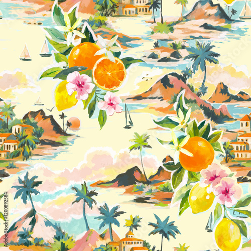 Beautiful vector tropical seamless pattern with hand drawn paradise islands with mountains and palm trees on beaches with ocean and clouds in sky. Ready tropical print design.