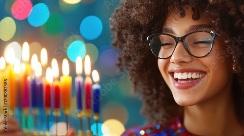 Joyful Hanukkah Celebration: A young woman with curly hair and glasses beams with happiness as she gazes at a colorful menorah with glowing candles, celebrating the Festival of Lights. photo