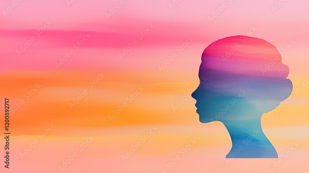 Blurred watercolor idea. Abstract silhouette of a woman against a colorful gradient backdrop, representing thoughts. Blurred watercolor idea. Abstract silhouette of a woman against a colorful gradient backdrop, representing thoughts.