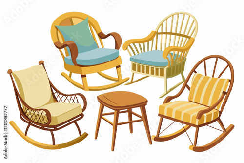 Set of various rattan armchairs and rocking chair isolated on a white background