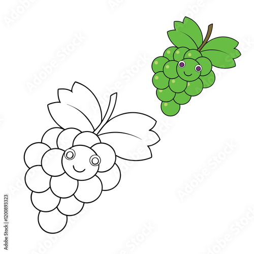 A detailed coloring page featuring a branch of ripe grapes hanging in clusters, surrounded by lush green leaves. Perfect for creative and relaxing coloring fun!