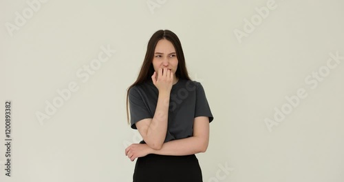 Anxious young woman biting her nails nervously on white background