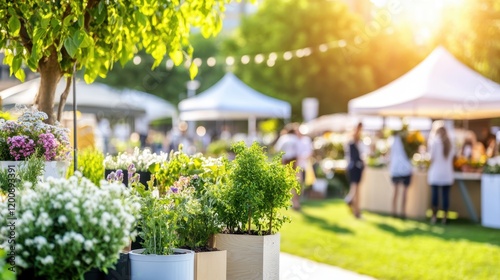 Vibrant Market Day: A cheerful and bustling outdoor market scene with vibrant flowers and plants in the foreground.