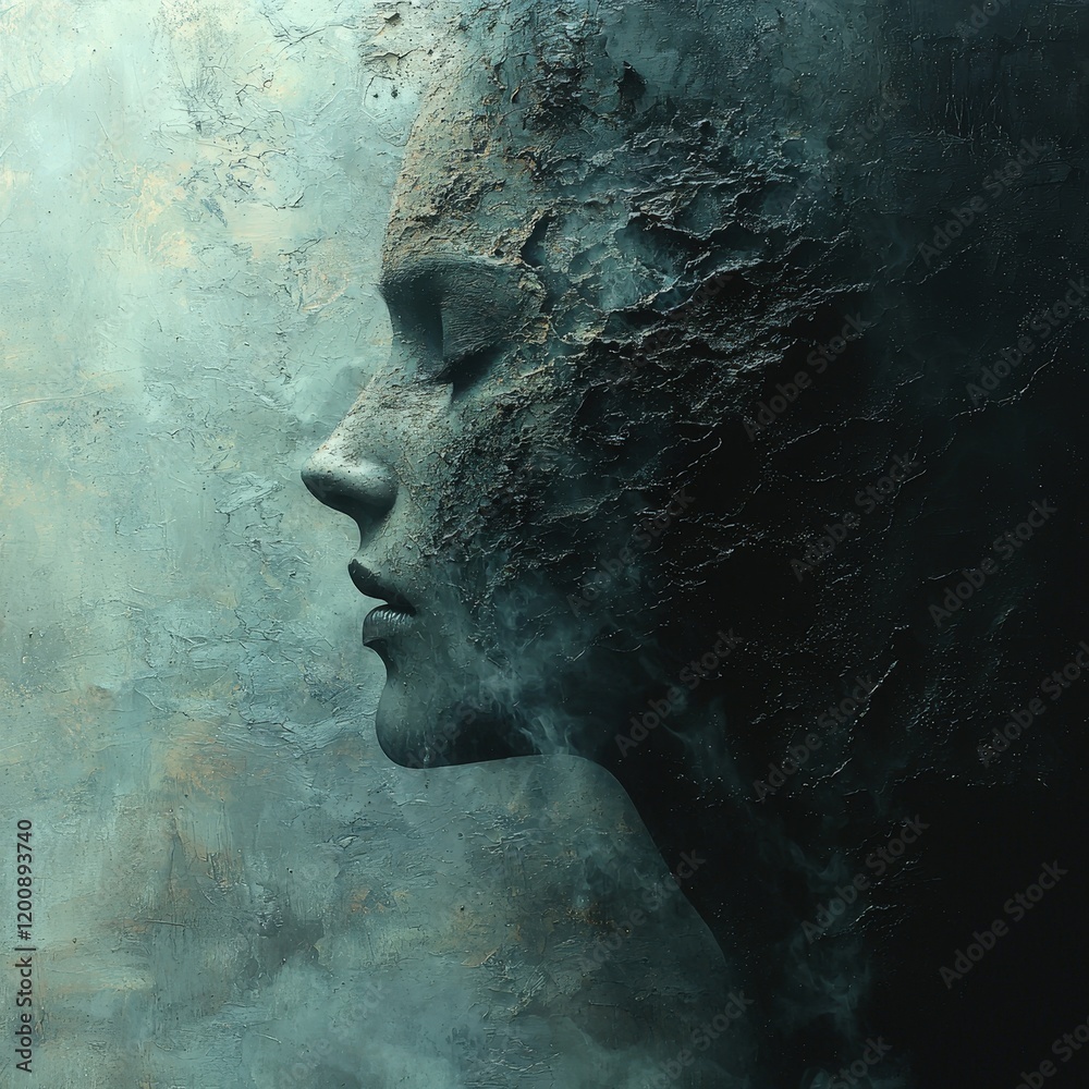 A surreal profile of a face partially obscured by dark textured elements creating a sense of mystery and decay. Ideal for book covers album art or posters.